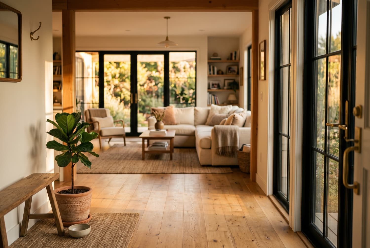 Sunlit living room and entryway with wide-plank floors, the kind of house a service call ends in.