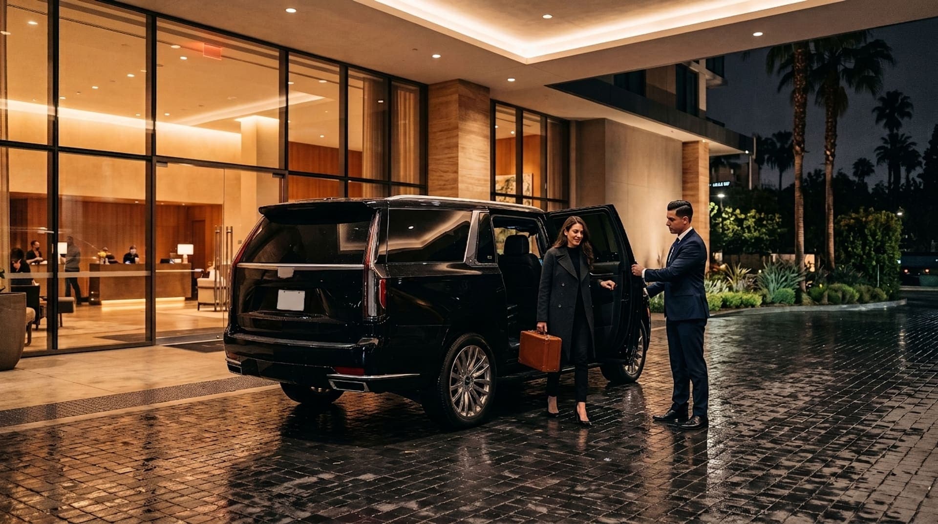 Black chauffeur SUV waiting at a hotel entrance at night.