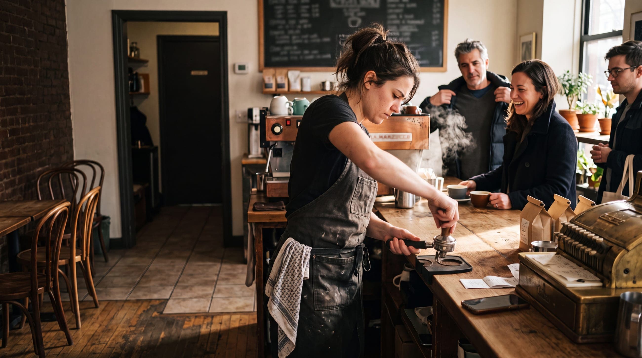A barista pulling espresso during the morning rush at a small corner cafe while three customers wait at the counter, her phone face down beside the till