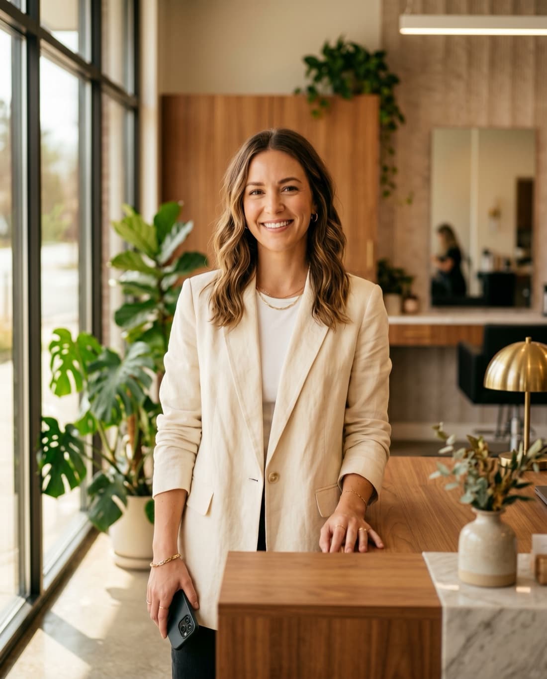 A salon owner standing at her front desk, phone in hand, smiling — her calls already handled