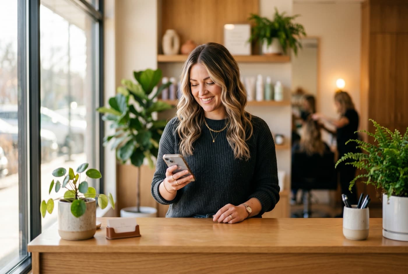 Salon owner checking her phone behind the front desk